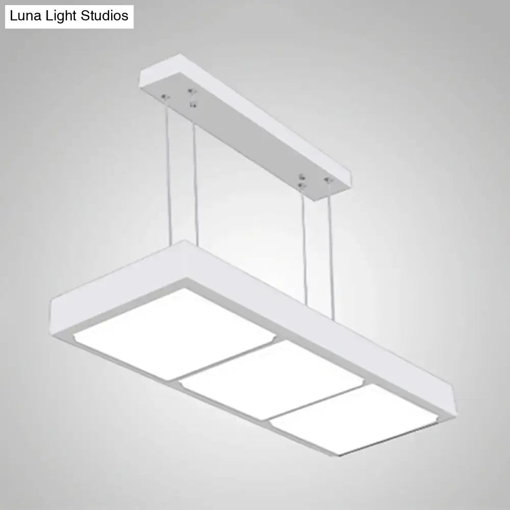 DecorBites™ modern metal rectangular island lamp in white with three illuminated panels for office lighting