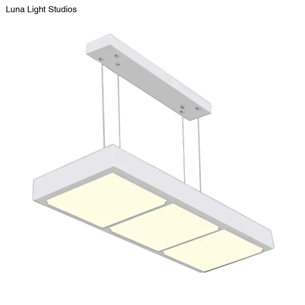 Modern white metal rectangular island lamp with three illuminated panels for office hanging light use