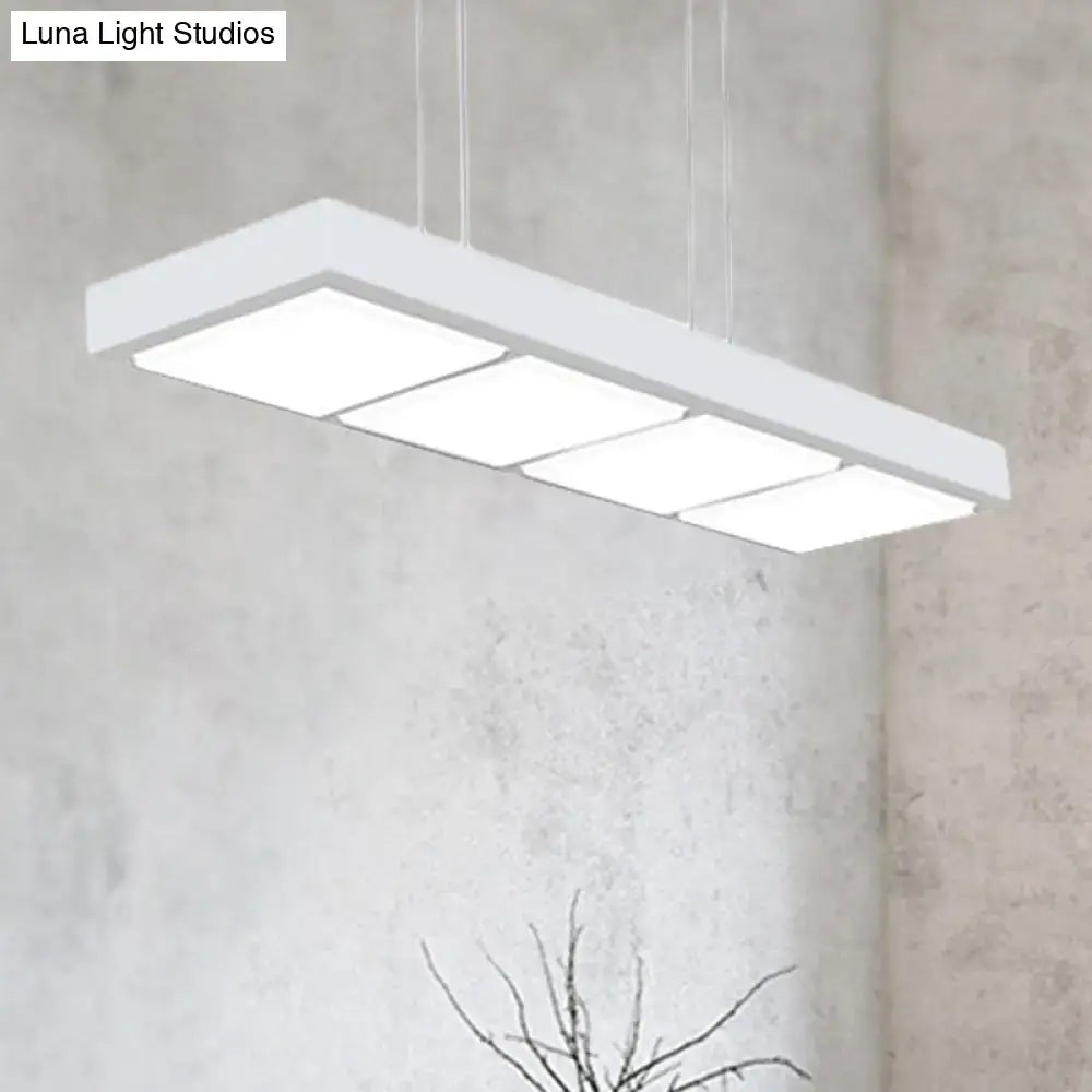 Modern white metal rectangular island lamp with four illuminated panels for office hanging lighting
