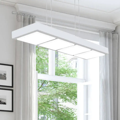 Modern white metal rectangular island lamp with four illuminated panels suspended by thin cords for office lighting