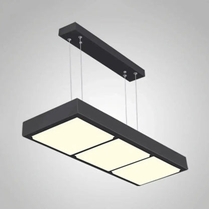 Modern black metal rectangular island lamp with three illuminated panels for office or kitchen island lighting