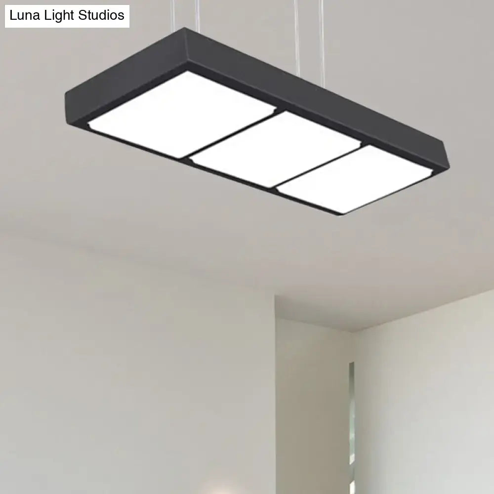Modern black metal rectangular island lamp with three illuminated square panels for office hanging light use