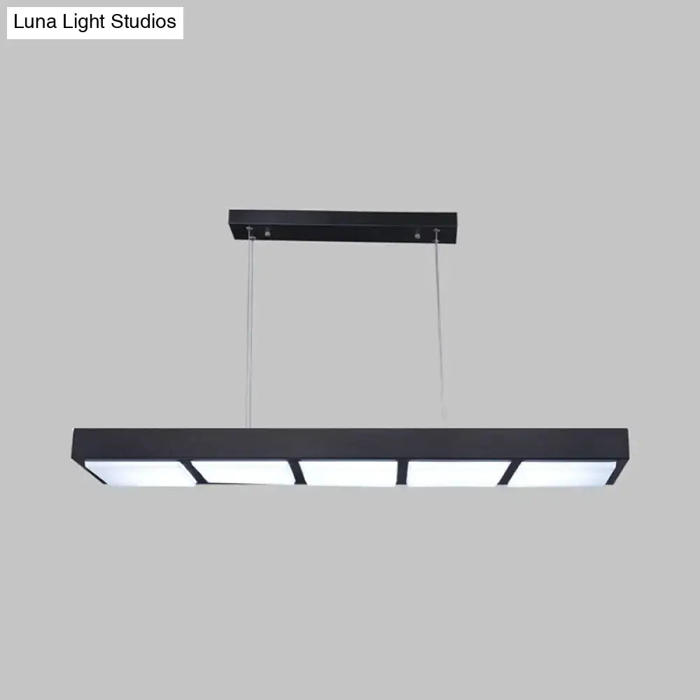 Black rectangular metal pendant island lamp with five illuminated panels and modern design for office lighting