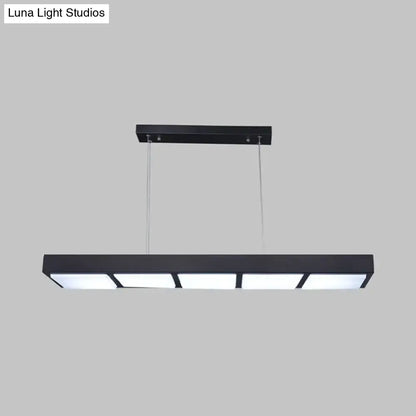 Black rectangular metal pendant island lamp with five illuminated panels and modern design for office lighting