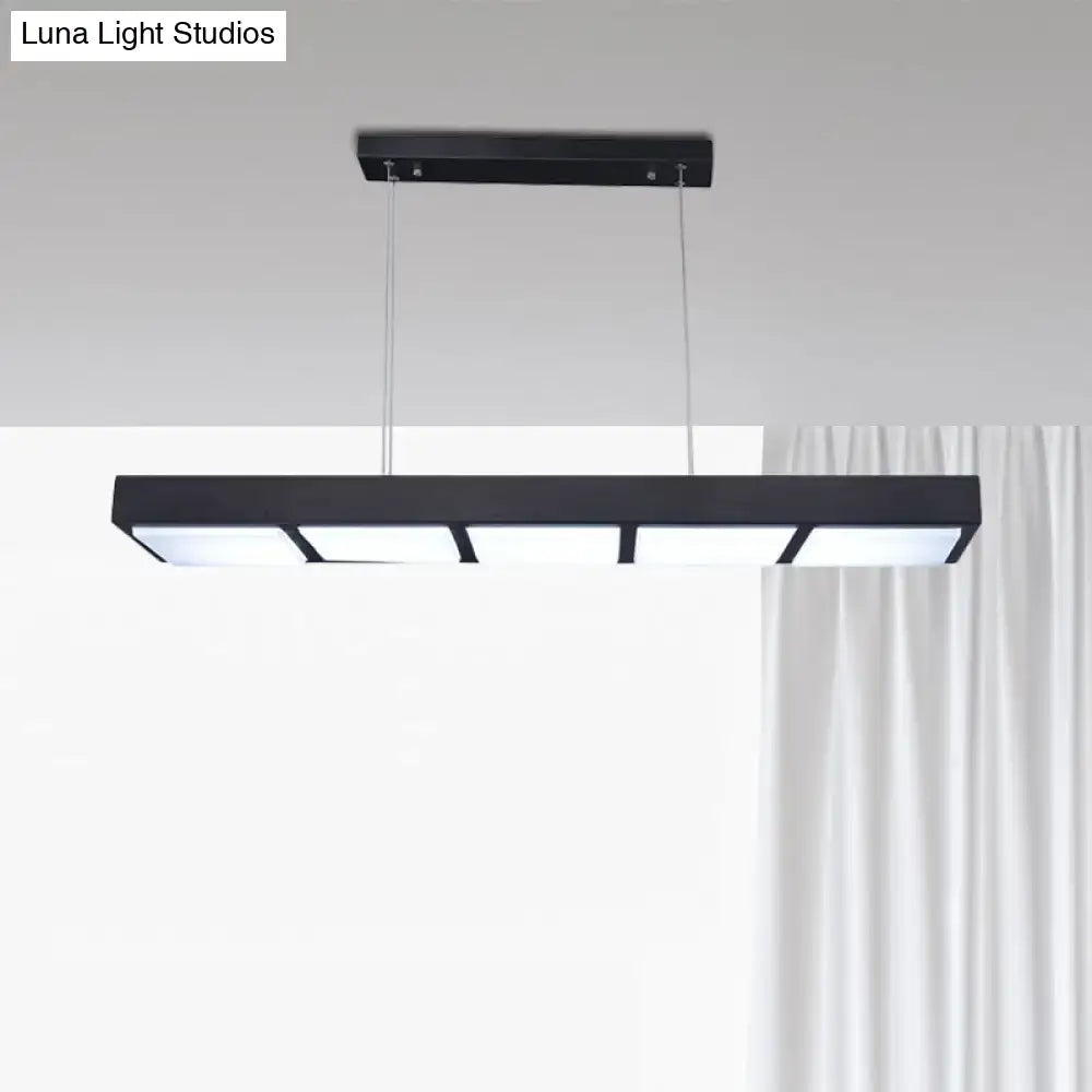 Black rectangular modern metal rectangular island lamp with four illuminated panels for office lighting