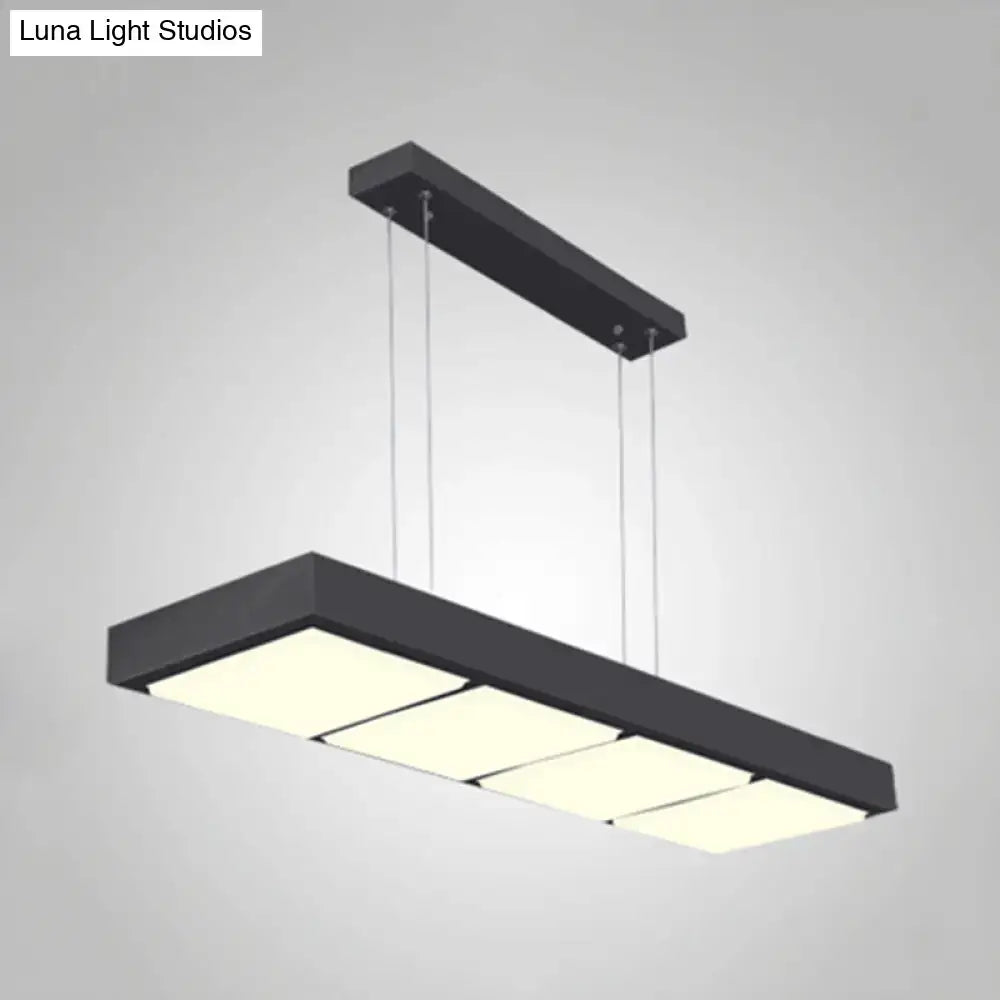 Black metal rectangular island lamp with three illuminated panels ideal for office hanging lighting by DecorBites