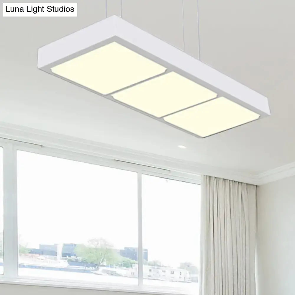 Decorbites modern metal rectangular island lamp in white with three illuminated panels for office lighting