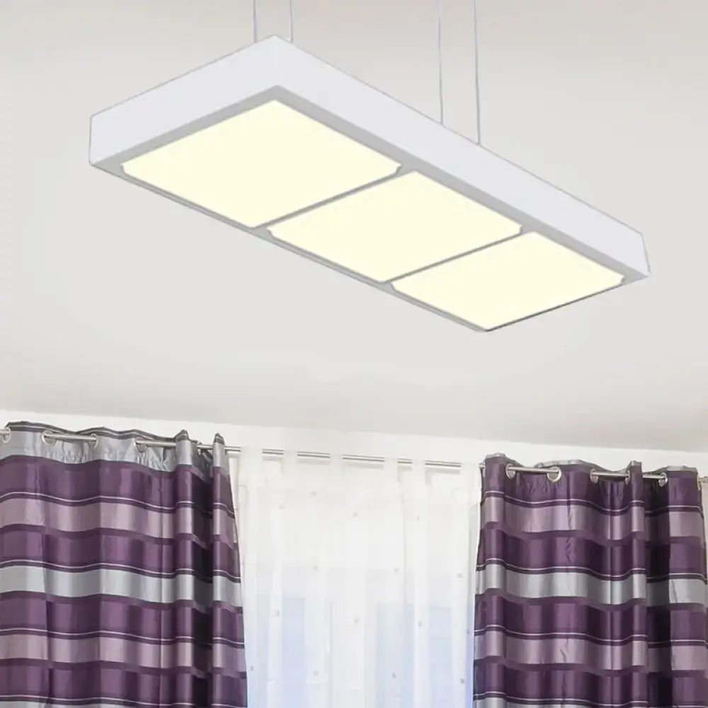 Modern white metal rectangular island lamp with three illuminated panels for office hanging light DecorBites