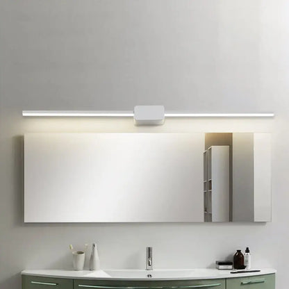 Modern white rectilinear wall sconce led mirror light with minimalist rectangular design and central control module