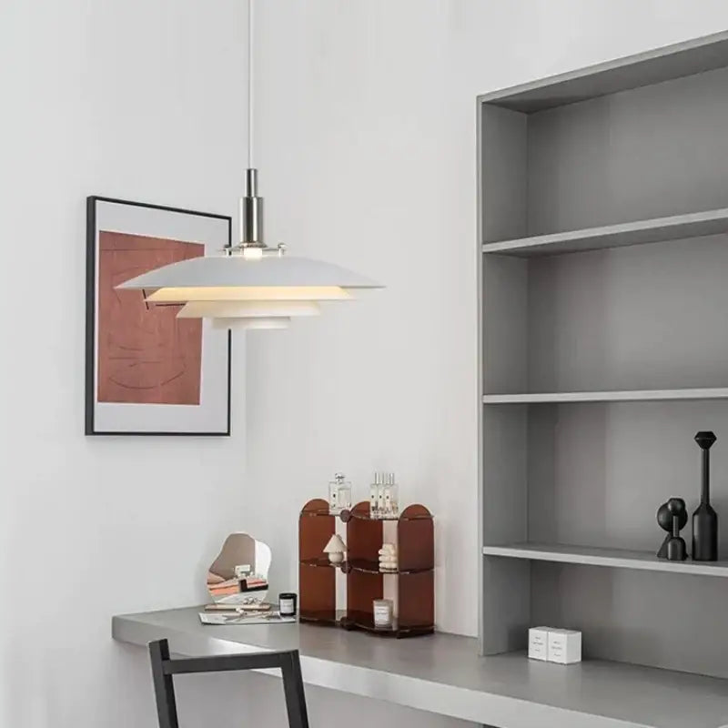 Modern white and red gradient ufo pendant light with layered disc-shaped shades and sleek metallic fixture for dining room decorbites gradient white red