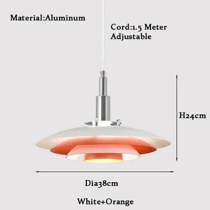 Modern white and red ufo pendant light with white and orange layered aluminum shade and adjustable cord for modern interiors