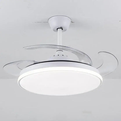 Modern white remote control ceiling fan with integrated led light and transparent curved blades from decorbites ceiling fans