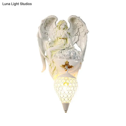 Modern white resin angel wall light with gold accents and mosaic glass shade for bedroom wall light decor