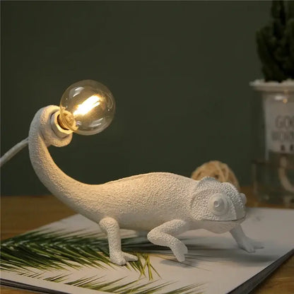 Modern white resin decorbites chameleon led table lamp with glowing filament bulb for bedroom reading decor