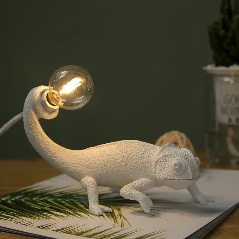 Modern white resin decorbites chameleon led table lamp with glowing filament bulb for bedroom reading decor