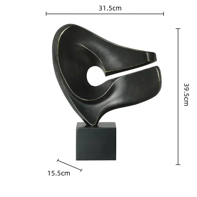 Modern white resin sculpture decorbites abstract hollowed-out black glossy resin sculpture with central circular cutout on wood pedestal