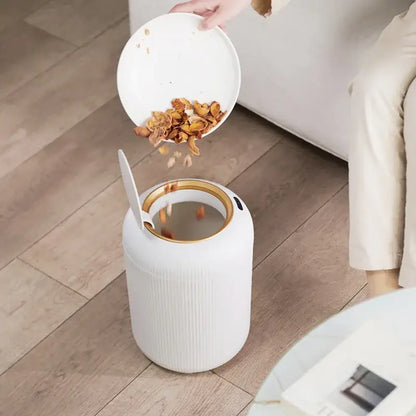 Modern white ribbed 10l luxury sensor trash can with gold-trimmed lid ideal for kitchen decorbites 10l luxury sensor use