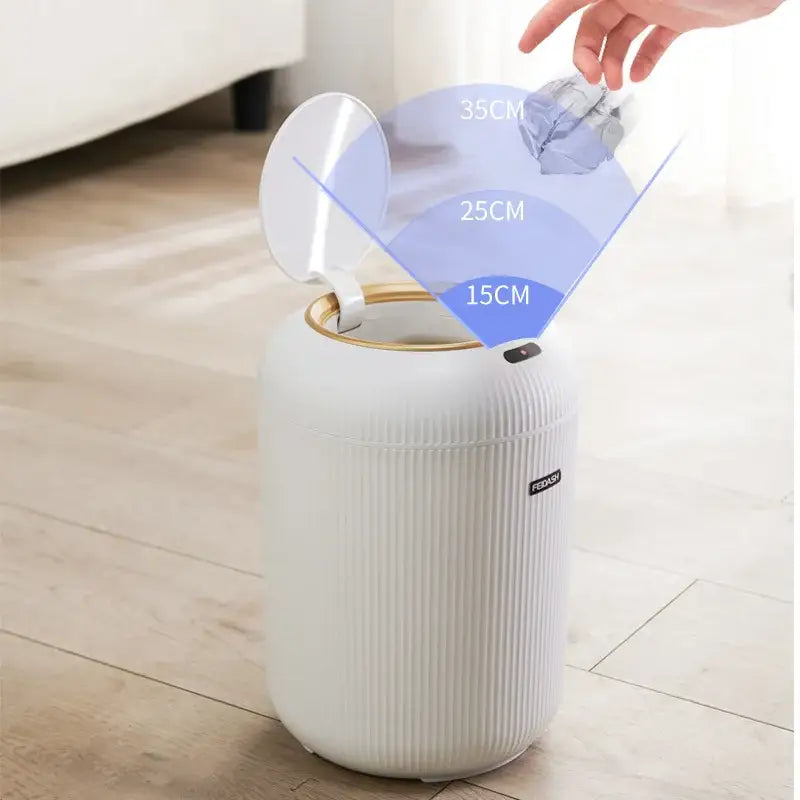 Modern white ribbed ceramic decorbites 10l luxury sensor trash can with gold rim and transparent lid for kitchen decor