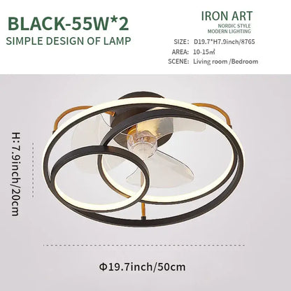 Modern black and gold nordic-style led ceiling fan with intertwined circular rings for bedroom lighting fixture