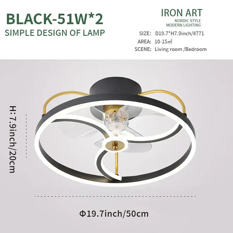 Black and gold nordic-style led ceiling fan with minimalist circular design for modern bedroom lighting fixture