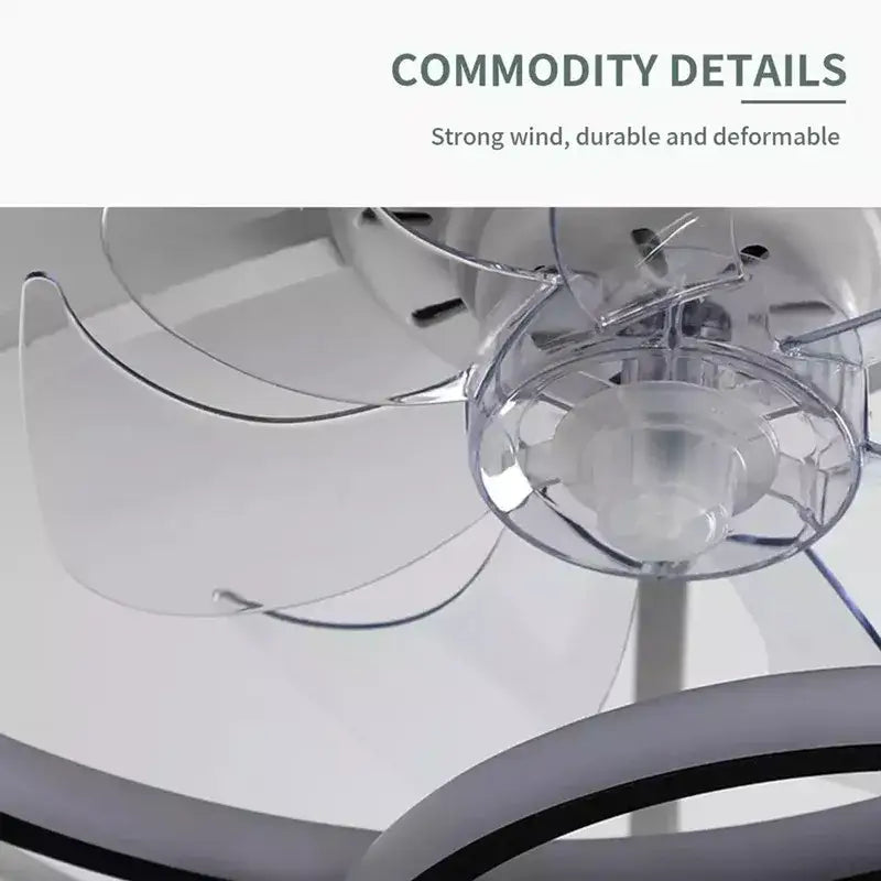 Modern white ring led ceiling fan with clear plastic blades and metallic hub for bedroom lighting fixture