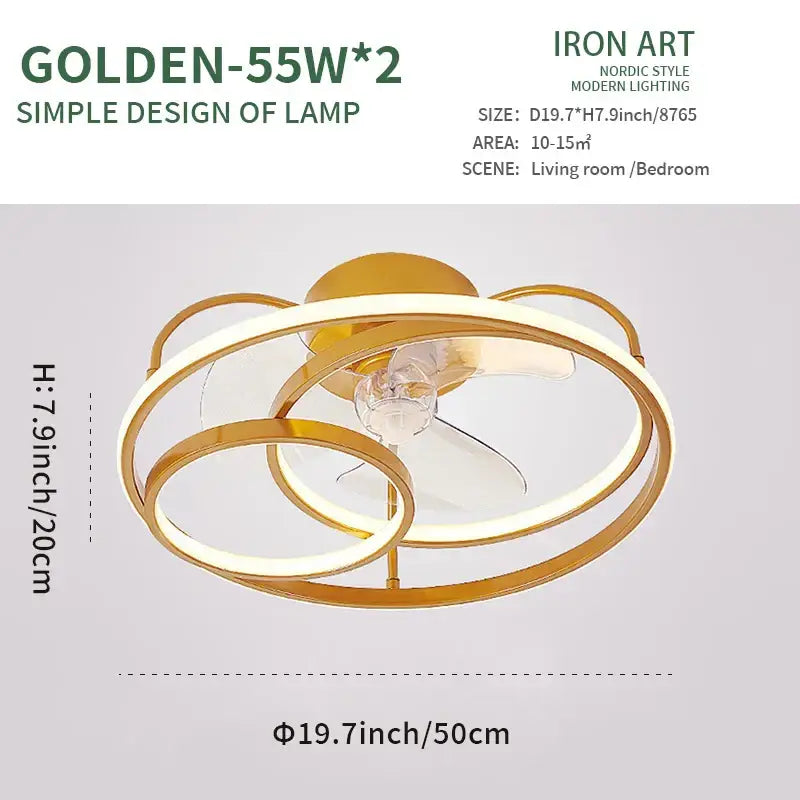 Modern white ring led ceiling fan with golden nordic-style interlocking rings and central transparent bulb for bedroom lighting