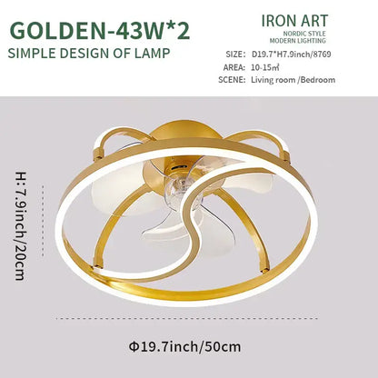 Modern white ring led ceiling fan bedroom lighting fixture with golden nordic-style design and integrated led ceiling fan lamp