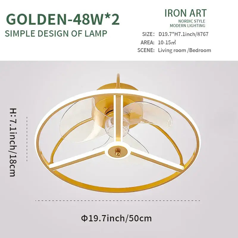 Golden-finished nordic style led ceiling fan with minimalist white ring frame and transparent fan blades for bedroom lighting