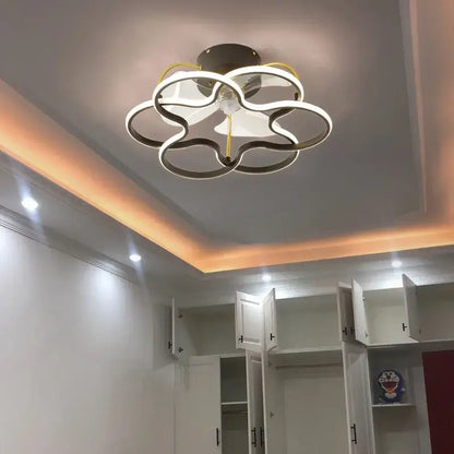 Modern white ring led ceiling fan with sleek flower-shaped design featuring intertwined white and gold rings for bedroom lighting