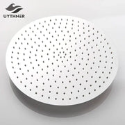Modern white round rainfall shower head with evenly spaced perforations and sleek contemporary bathroom fixture design