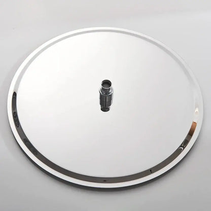 Shiny chrome-finished bicycle wheel rim resembling a modern white round rainfall shower head bathroom fixture design