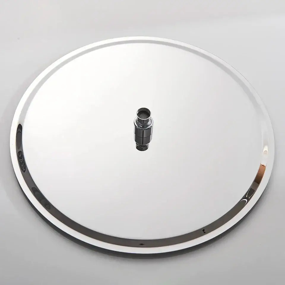 Shiny chrome-finished bicycle wheel rim resembling a modern white round rainfall shower head bathroom fixture design