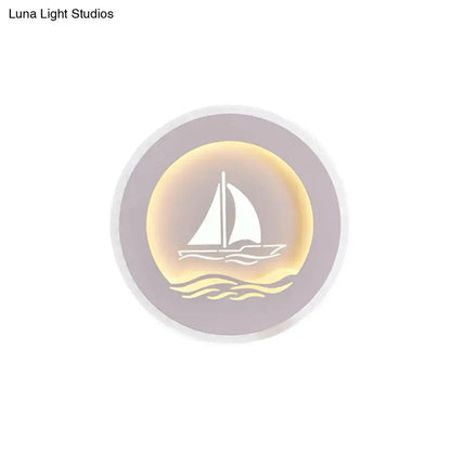Modern wall light with sailboat tree pattern featuring a lavender ring and warm golden glow for bedroom use