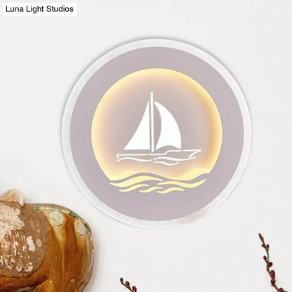 Modern wall light with a soft lavender frame and warm yellow glow featuring a white illuminated sailboat tree pattern