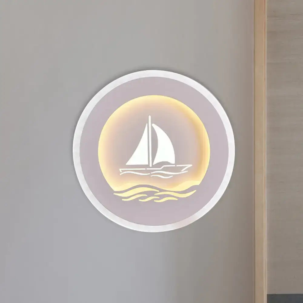 Modern white sailboat tree pattern wall light with glowing sailboat design in warm yellow and white on lavender background