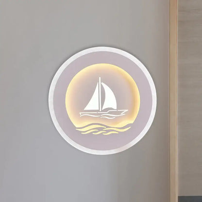Modern white sailboat tree pattern wall light with glowing sailboat design in warm yellow and white on lavender background