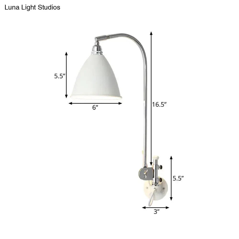 Modern white sconce wall lamp with white conical metal shade and curved chrome arm mounted on an adjustable bracket