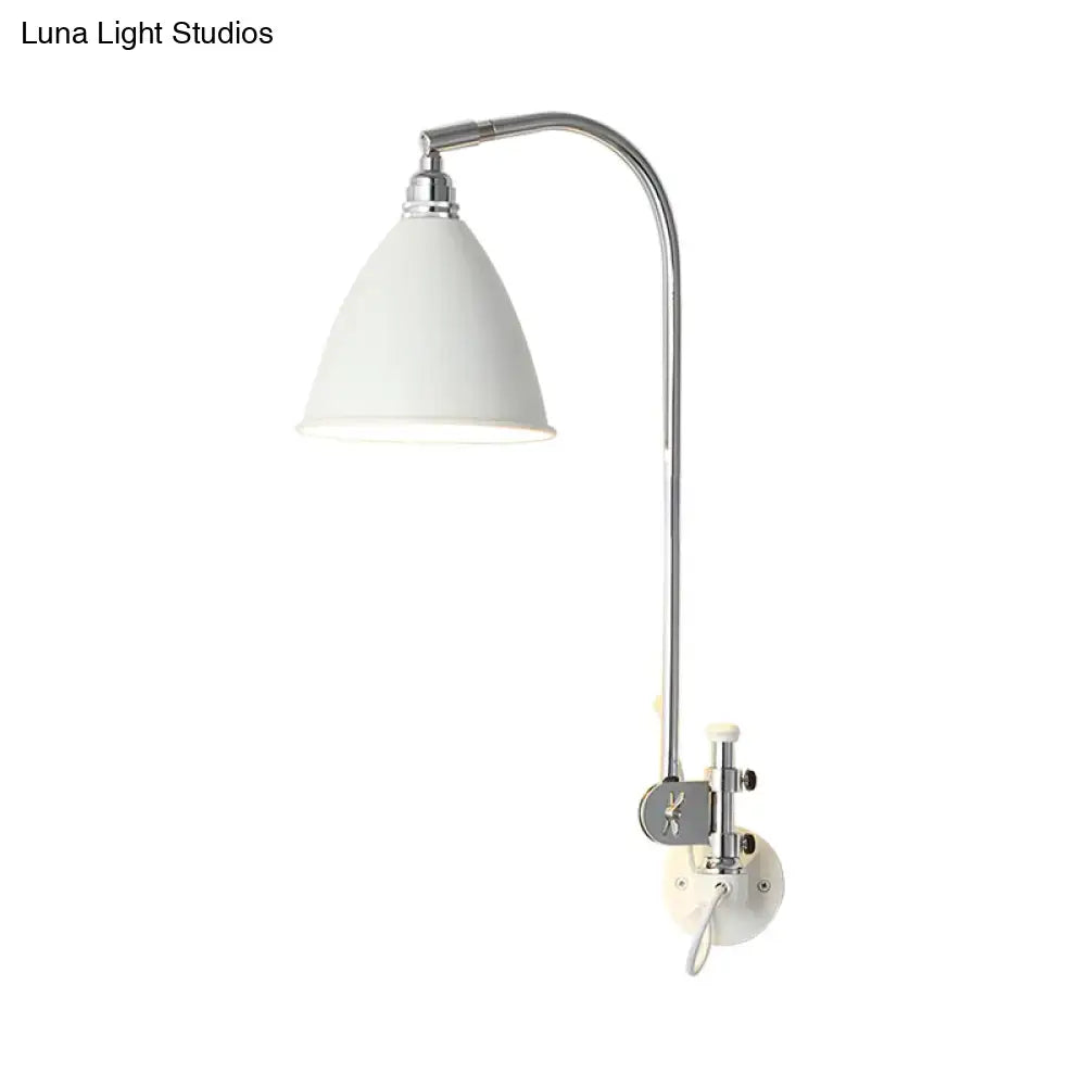 Modern white sconce wall lamp with a white metal shade and polished chrome arm for bedroom lighting