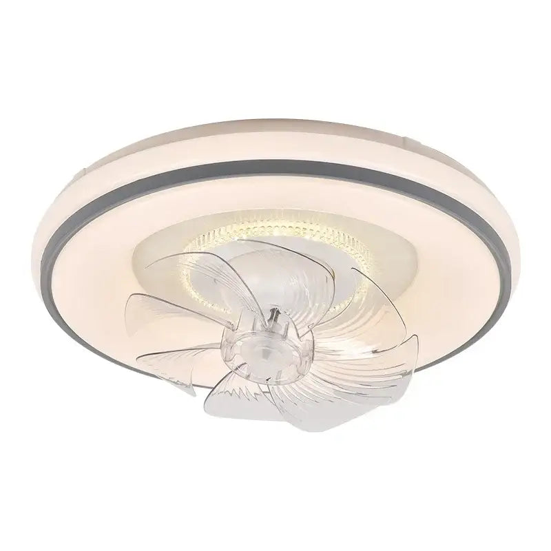 Modern white and silver led ceiling fan with transparent blades featuring a sleek decorbites led ceiling design