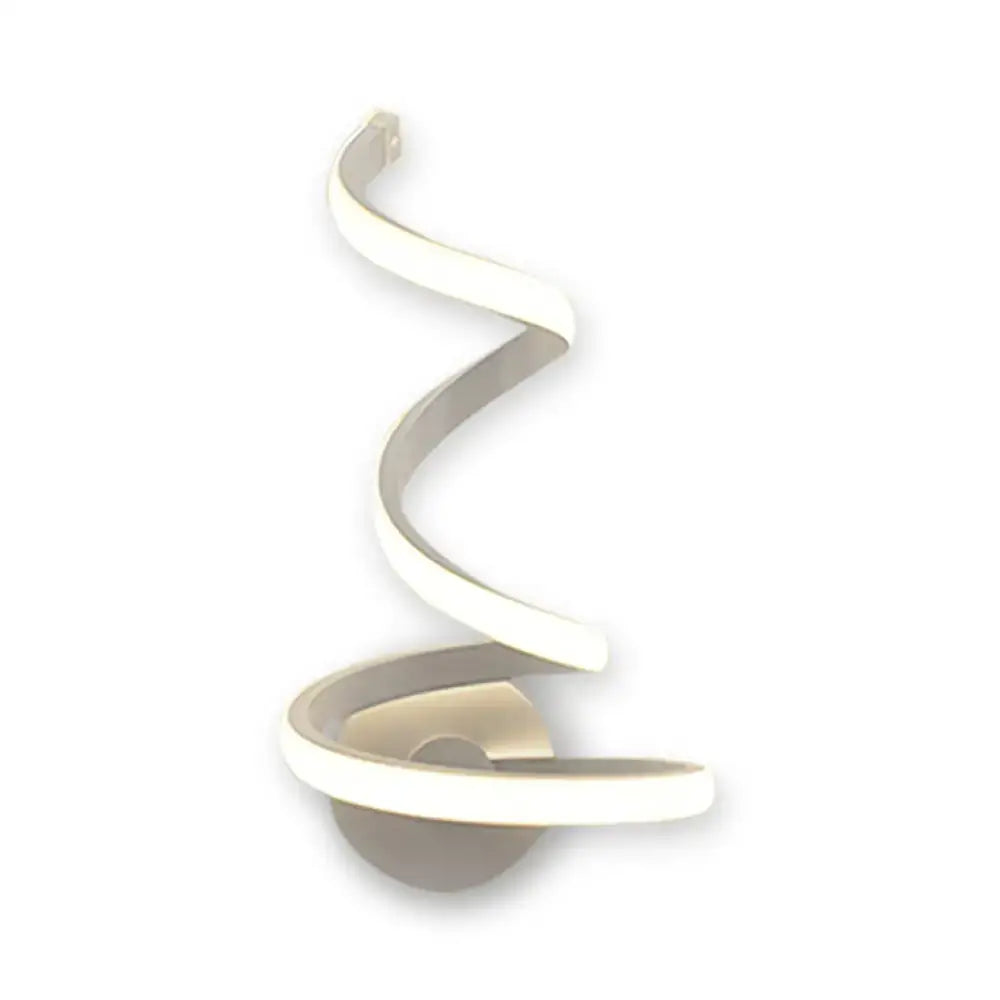 Modern white and silver spiral acrylic led wall sconce with sleek curved design and smooth finish for bedroom lighting