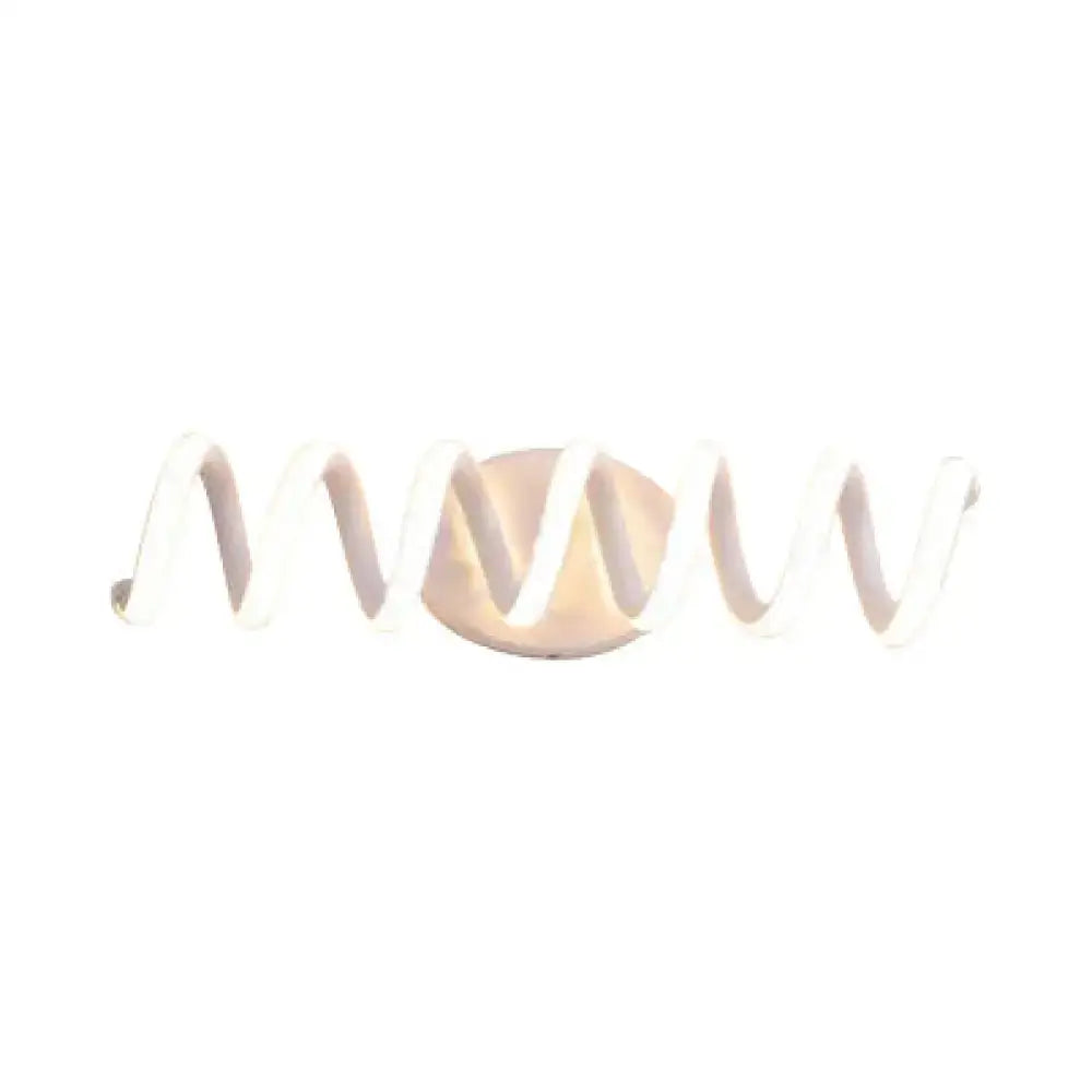 Modern white and silver spiral acrylic led wall sconce with a wavy led strip and warm-toned circular base for bedroom use