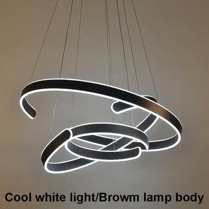 Modern black and brown ring-shaped pendant light with cool white led illumination featuring decorbites geometry circle rings