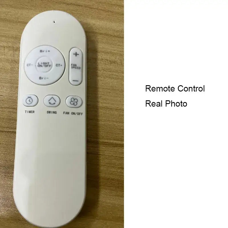 White plastic remote control with multiple buttons for fan speed lighting timer and on off for decorbites bladeless ceiling fan light