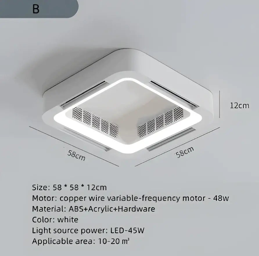 Modern white square ceiling fan light with bladeless led design and integrated ventilation grilles by decorbites