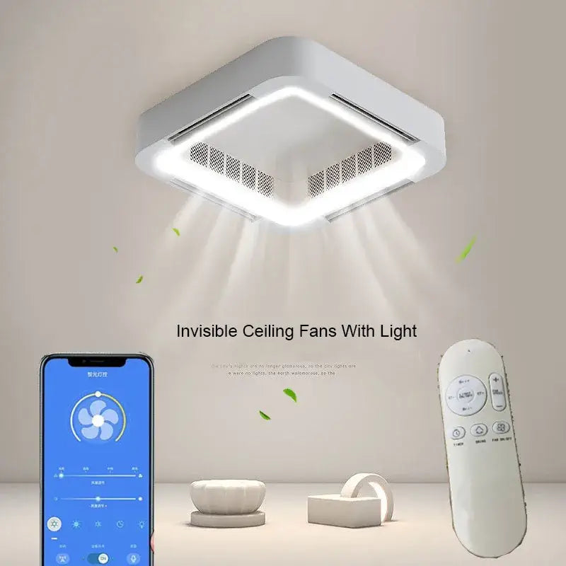 Modern white square bladeless ceiling fan light with integrated ventilation grilles for bedroom use