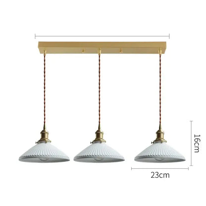 Three-light pendant lights with brass rectangular bar, twisted copper cords, and white ribbed glass shades by Decorbites ceramic led pendant