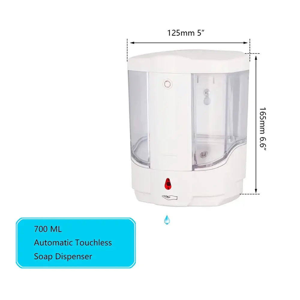 Modern white wall mounted automatic liquid soap dispenser with touchless transparent sides and red indicator light