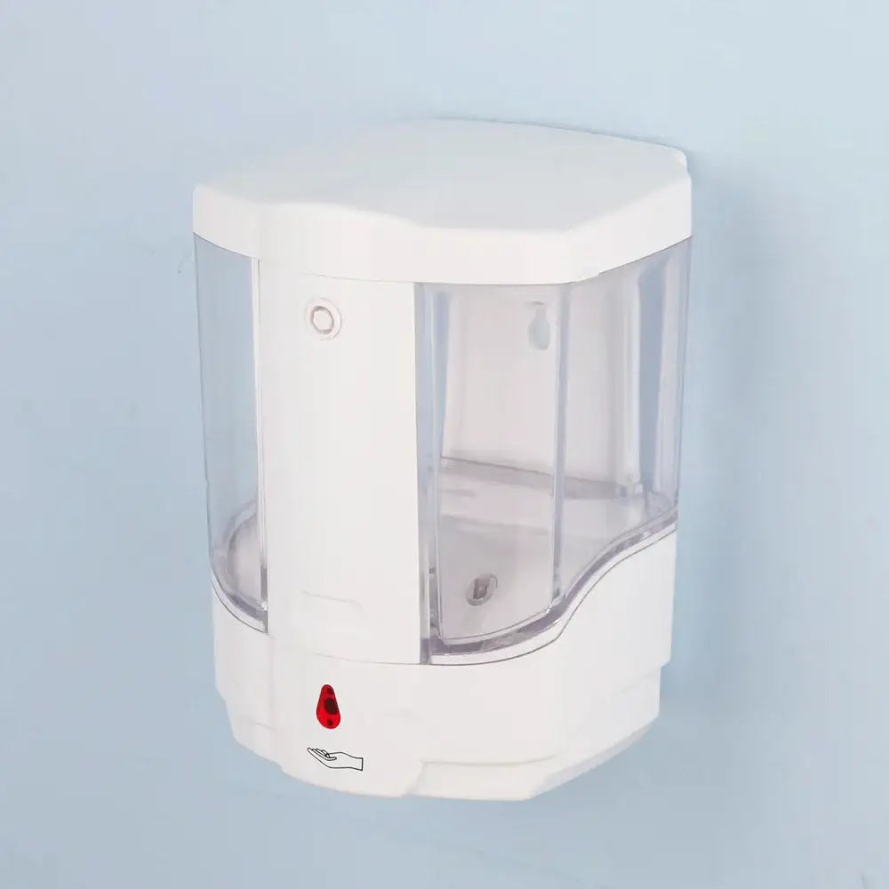 Modern white wall mounted automatic liquid soap dispenser with clear plastic sides and red sensor button for kitchen use