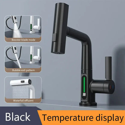 Black modern basin faucet with decorbites digital display and adjustable spray nozzle for bathroom use