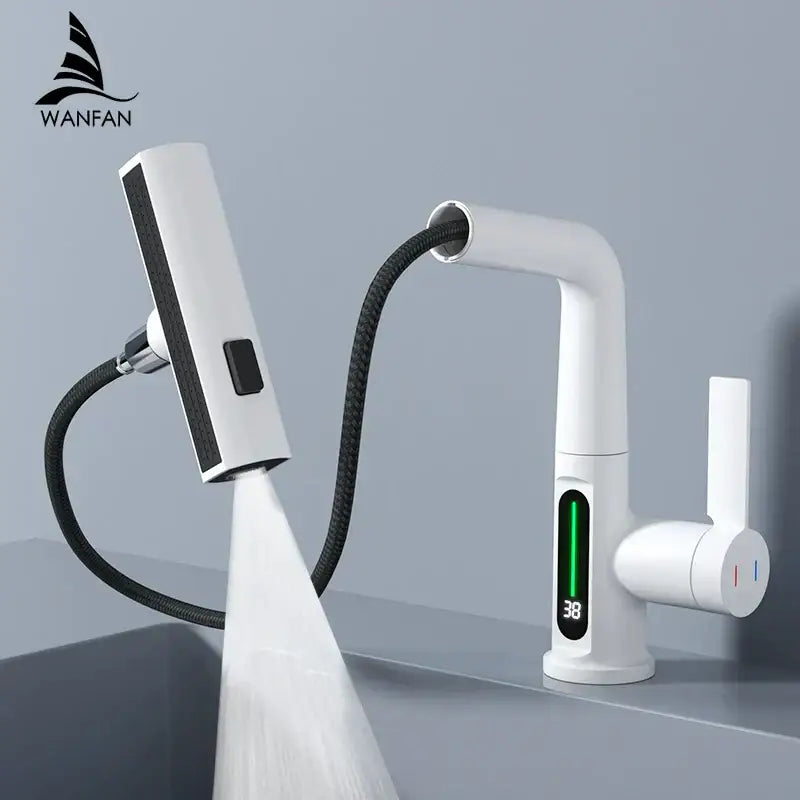 Modern white waterfall basin faucet with decorbites digital display and detachable spray head connected by black hose